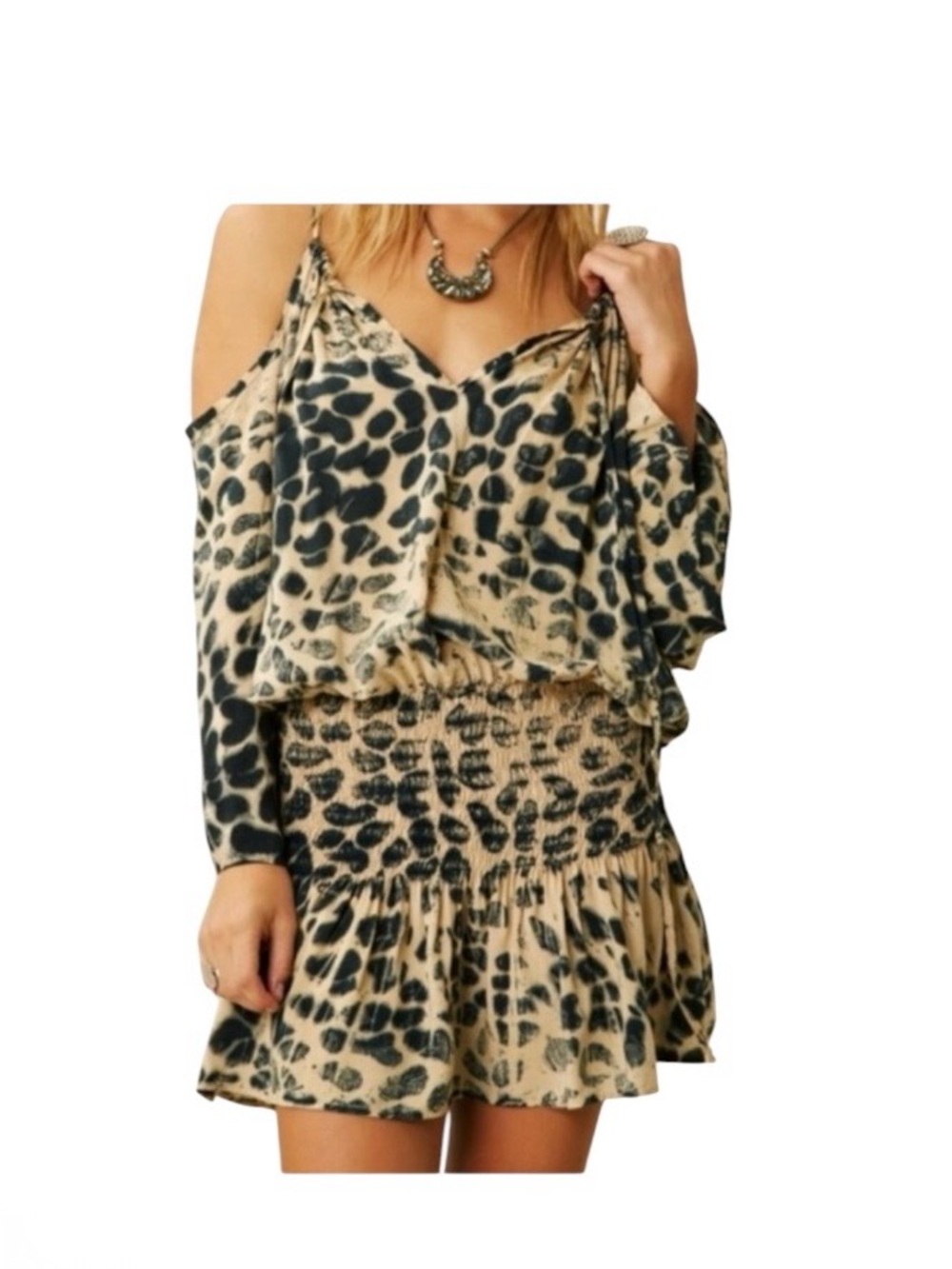 Blu Moon abstract leopard tie dye cold shoulder smocked dress size S